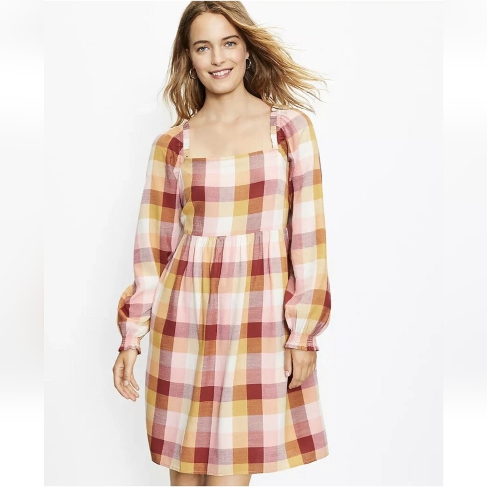 LOFT Plaid Babydoll Dress- Strawberry Blossom